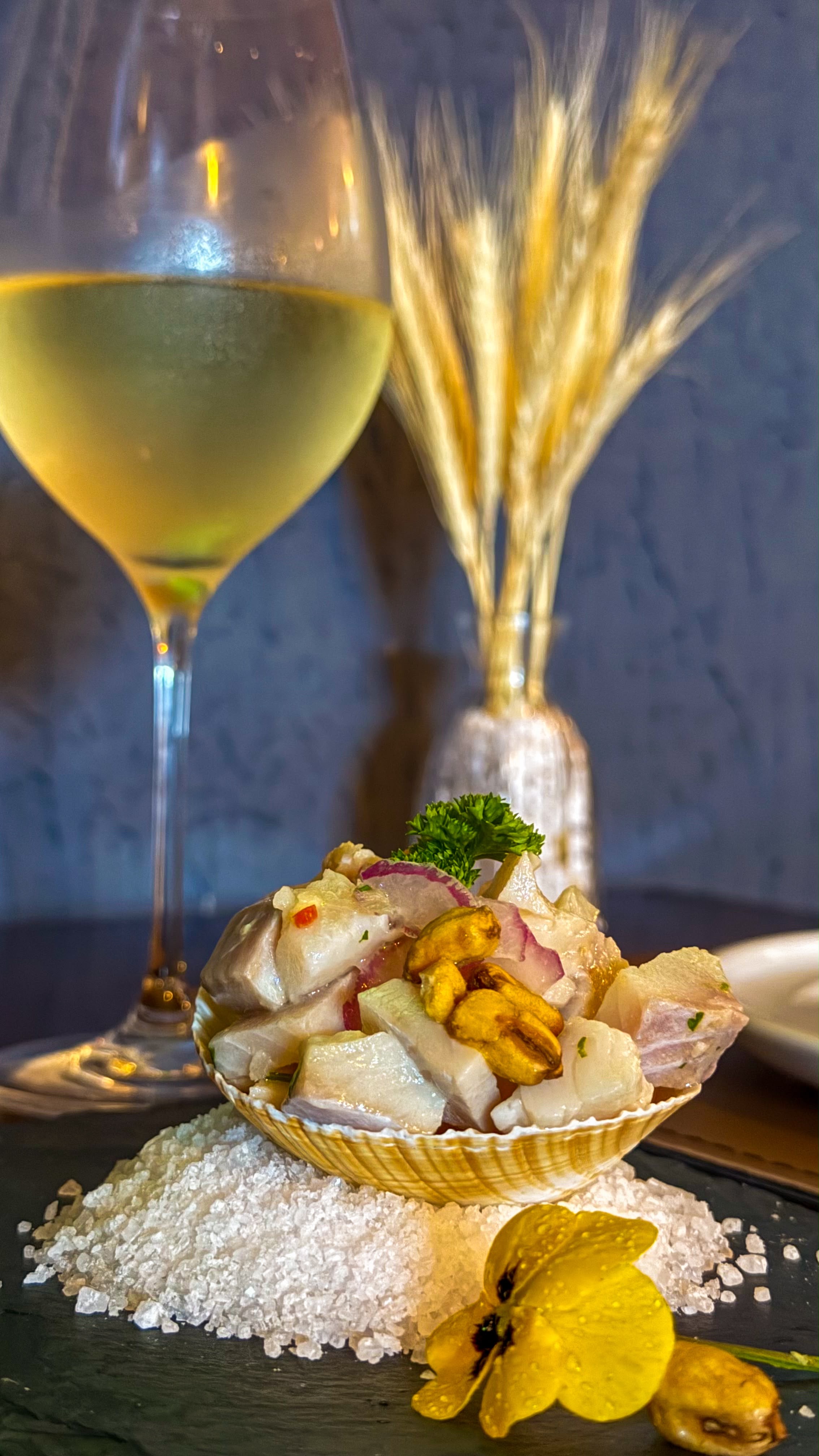 Ceviche de truta servido com vinho branco